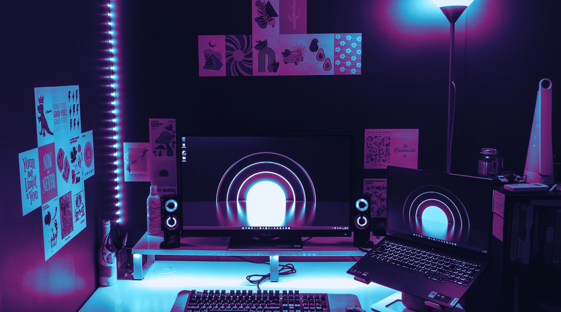 Converging cyan and magenta light beams over a dark cobalt grid