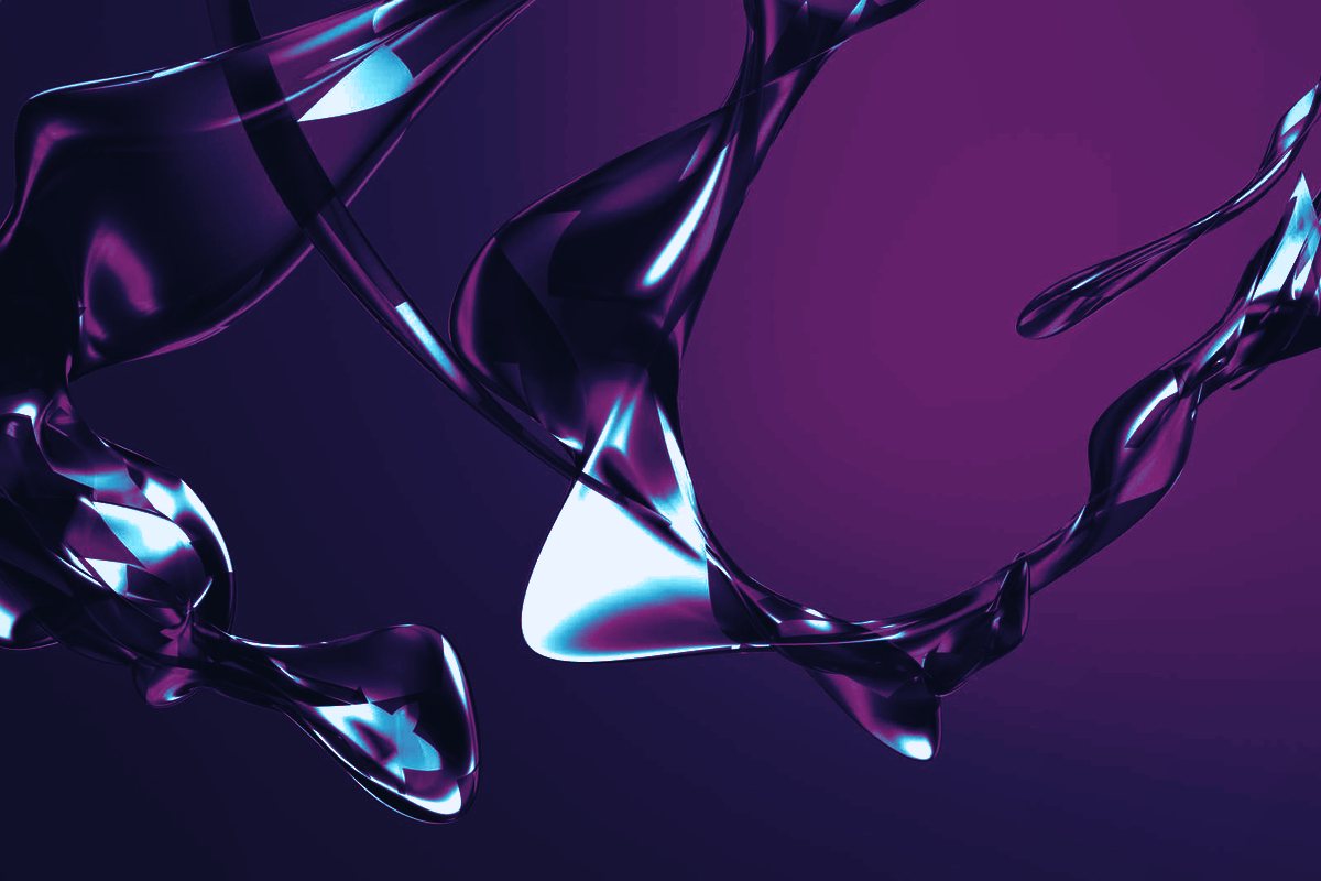 Twisted ribbons of dark glass curling across a deep violet field, their folds catching cyan and magenta light